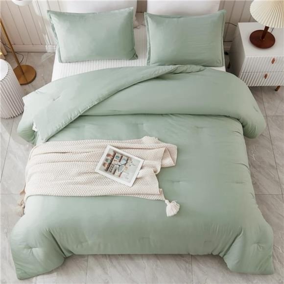 Comforter Full Size Set Sage Green,3 Pieces Lightweight Bed Comforter Full,Solid - Picture 8 of 8